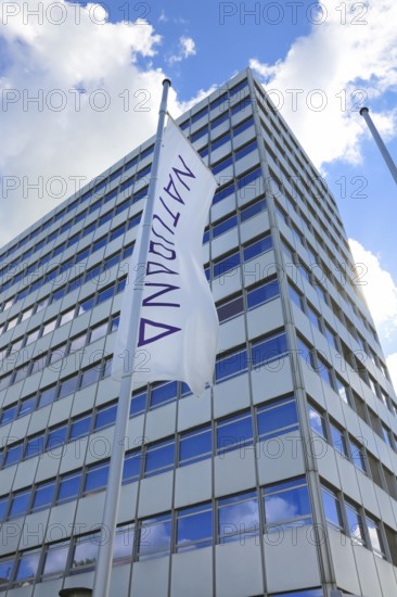 Naturana Miederfabriken, company building of Naturana Dölker Textilbekleidung, lettering, flag, Gomaringen, district of Tübingen, Baden-Württemberg, Germany