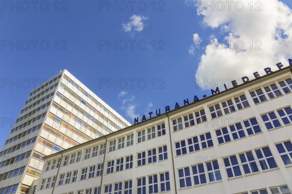 Naturana Miederfabriken, high-rise building, company building of Naturana Dölker Textilbekleidung, lettering, Gomaringen, district of Tübingen, Baden-Württemberg, Germany
