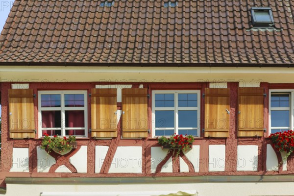 Hotel, Gasthof Storchen, restaurant, half-timbered, building, wooden shutters, Oberuhldingen district, Uhldingen-Mühlhofen municipality, Lake Constance district, Baden-Württemberg, Germany