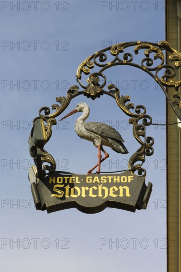Hotel, Gasthof Storchen, inn sign, gastronomy, restaurant, restaurant, writing, letters, district Oberuhldingen, municipality Uhldingen-Mühlhofen, Lake Constance district, Baden-Württemberg, Germany