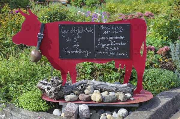 Kässtadel, KäStadel, on the lake, specialist cheese shop with bistro, cheese shop, delicatessen, café, regional cuisine, small restaurant, garden, idyll, still life, replica of a cow, red sign, lettering gourmet breakfast, time out, stop off, Oberuhldingen district, Uhldingen-Mühlhofen municipality, Lake Constance district, Baden-Württemberg, Germany