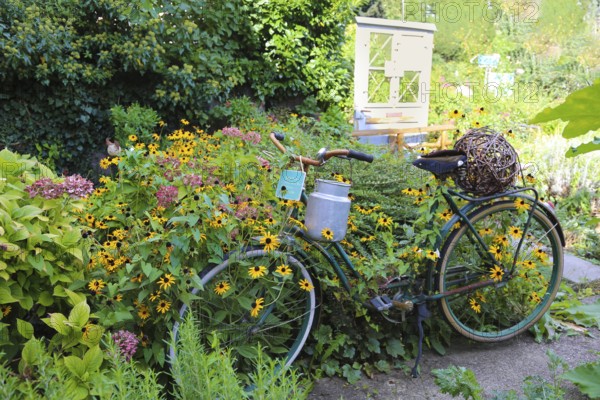 Kässtadel, KäStadel, on the lake, specialist cheese shop with bistro, cheese shop, delicatessen, café, regional cuisine, small restaurant, garden, idyll, still life, old bicycle with milk churn, time out, stop off, Oberuhldingen district, Uhldingen-Mühlhofen municipality, Lake Constance district, Baden-Württemberg, Germany