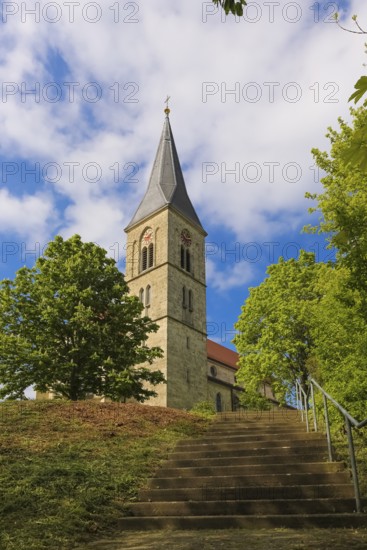 St. Martinus, catholic church, place of worship, sacral building, staircase, church tower, clock, cross, religious building, Dotternhausen, Zollernalbkreis, Baden-Württemberg, Germany