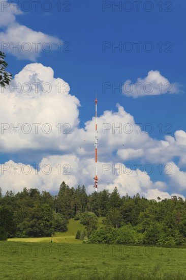 Raichberg transmitter, clouds, trees, basic network transmitter of the Südwestrundfunk for radio and television, antenna support 137 metres, tubular steel mast on the Raichberg, Onstmettingen district, Zollernalbkreis, Baden-Württemberg, Germany