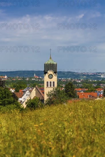 Catholic parish church of St Nicholas, church, sacred building, church tower, clock, Art Nouveau elements, end of the 19th century, architect W. Fr. Laur, view of Boll, district of Boll, Zollernalbkreis, Baden-Württemberg, Germany
