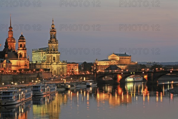Panorama, Skyline, Dresden old town at night, reflected in the Elbe, Dresden, Germany