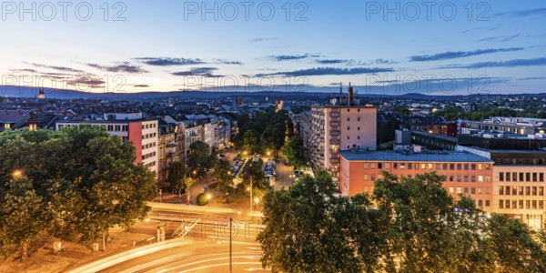 Residential and office building on Kaiser-Friedrich-Ring in the city centre at night, Wiesbaden, Hesse, Germany