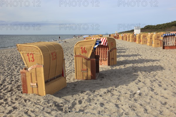 Empty, locked beach chairs on the beach, beach chair, sandy beach, Baltic Sea, Poel island, Nordwestmecklenburg district, Mecklenburg-Western Pomerania, Germany