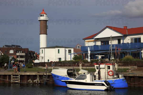 Timmendorf lighthouse on the island of Poel on the Baltic Sea, harbour in the foreground, Nordwestmecklenburg district, Mecklenburg-Western Pomerania, Germany