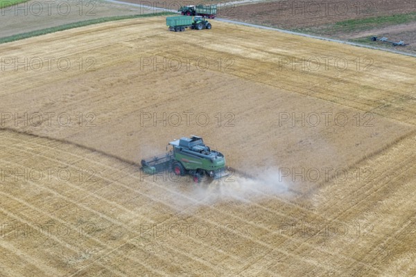 Harvesters harvesting a wide field surrounded by dust, tractors, basket in the Rems Valley, Baden-Württemberg, Germany