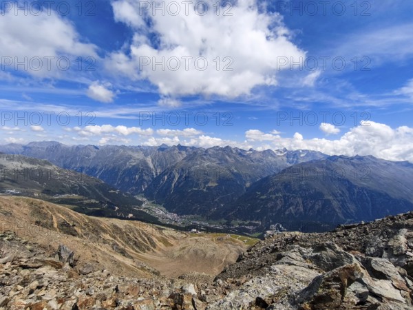 Scenic view from Gaislachkogel over the Ötztal Alps and down into the Ötztal near Sölden, Tyrol, Austria