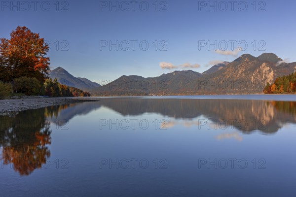 Mountain lake, mountains, morning light, reflection, autumn, autumn color, forest, shore, Walchensee, Upper Bavaria, Bavaria, Germany