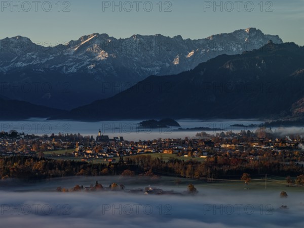 City, church, mountains, sunny, morning light, autumn, autumn color, fog, aerial view, Murnau, behind Zugspitze, Upper Bavaria, Bavaria, Germany