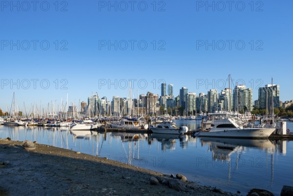 Skyscrapers yachts and sailboats in the marina, Vancouver skyline reflected in the ocean, Coal Harbour, Downton Vancouver, British Columbia, Canada