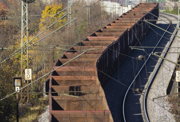 Freight train on the so-called Schusterbahn, a bypass of Stuttgart Central Station. Stuttgart, Baden-Württemberg, Germany