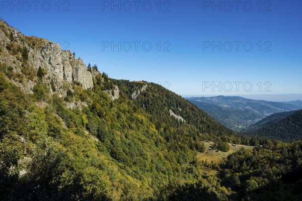 Alpine trail and rocks, at Hohneck, Col de la Schlucht, Vosges, Alsace-Lorraine, Vosges Haut-Rhin Department, France