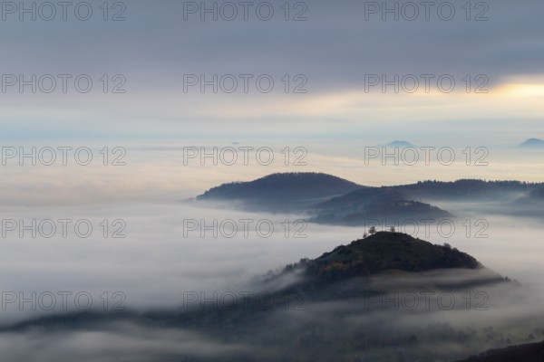 Inversion weather, fog, dawn, autumn, view from Breitenstein to Limburg, Ochsenwang, Swabian Jura, Baden-Württemberg, Germany