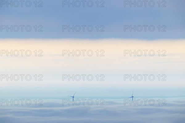 Inversion weather, fog, sunrise, autumn, view from Breitenstein of wind edges sticking out of the fog, Ochsenwang, Swabian Jura, Baden-Württemberg, Germany