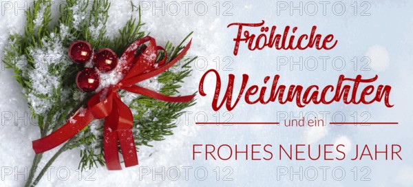 Christmas greetings: Greeting card with the inscription MERRY CHRISTMAS AND A HAPPY NEW YEAR against a light background next to pine branches (digitally reworked)