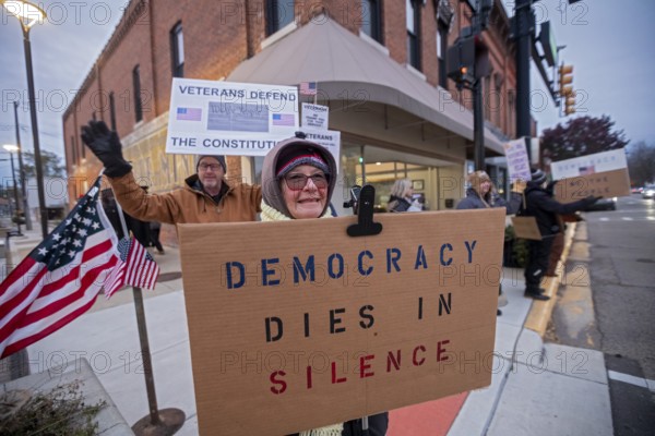 Milan, Michigan USA - 11 November 2025 - On Veterans Day, veterans held rallies across the country to oppose ICE, military occupation of cities, and Trump Administration cuts that hurt poor and working people. The Milan rally was in a small city in rural Michigan