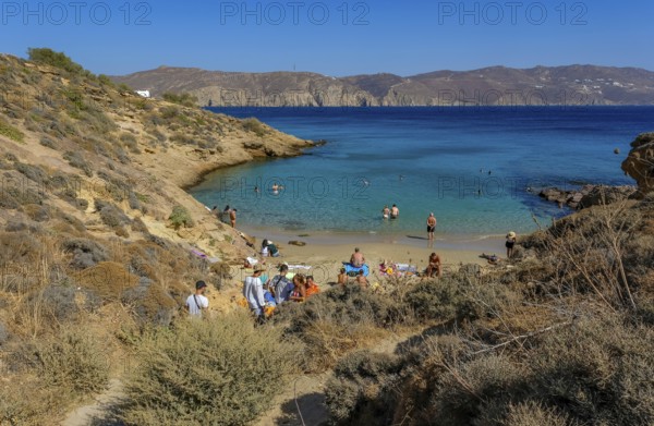 Agios Sostis, Mykonos, Cyclades, Greece - Agios Sostis, small town with the famous restaurant Kikis Tavern, here the small bay LOVERS BEACH directly below the restaurant, sandy beach in the north of the island