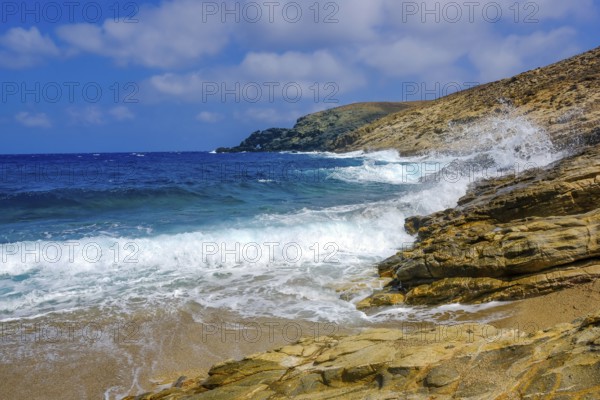 Mykonos, Cyclades, Greece - Fokos Beach, small settlement with sandy beach in the north of the island