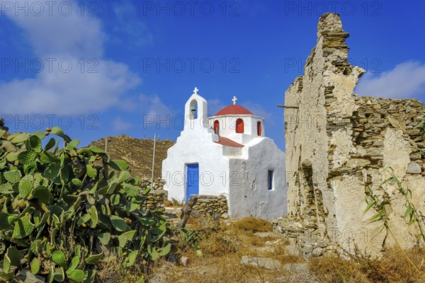 Ano Mera, Mykonos, Cyclades, Greece - Small church from the 18th century on the site of the Gyzi ruins, 13th century castle ruins by the Venetian Gyzi family, right next to the Paleokastro monastery in the interior of the island just outside Ano Mera, is now a tourist attraction much visited by tourists. Typical fig cacti in front