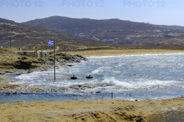 Mykonos, Cyclades, Greece - Ftelia Beach, Ftelia Beach, sandy beach on a windy rocky coast in the north of the island