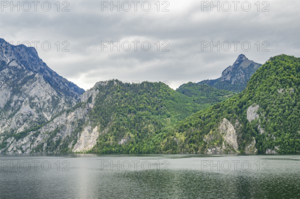 Landscape of Lake Traunsee on a rainy day in spring, Traunstein summit, Traunkirchen, Salzkammergut, Austria