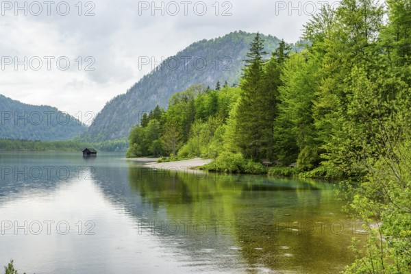 Fishing hut in lake Almsee, Grünau, Almtal, Salzkammergut, Upper Austria, Austria