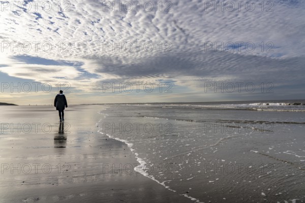 Walkers on the Wadden Sea near the East Frisian island of Spiekeroog, west of the North Sea island, at low tide, Lower Saxony, Germany
