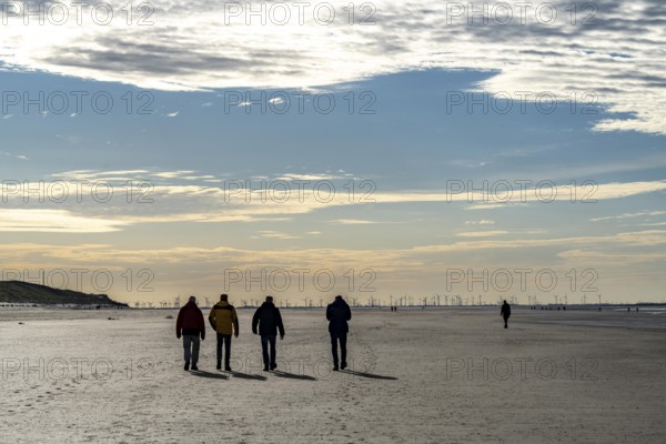 Walkers on the Wadden Sea near the East Frisian island of Spiekeroog, west of the North Sea island, at low tide, wind farm on the coast in the background, Lower Saxony, Germany