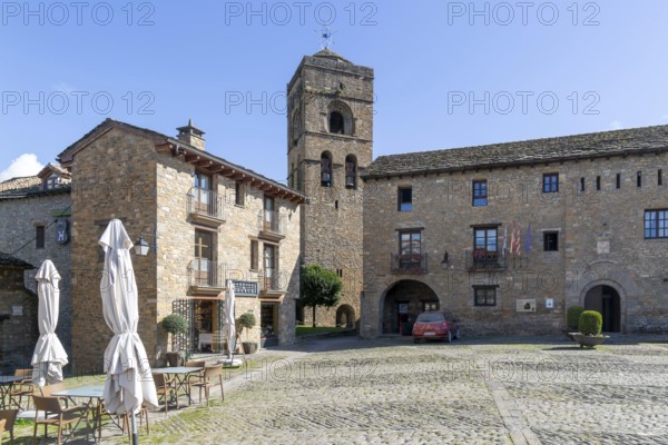 Church tower and town hall, historic buildings medieval village of Ainsa, Aínsa-Sobrarbe, Huesca province, Aragon, Spain