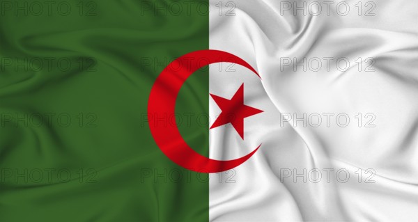Realistic Algerian flag waving. Close up of flag of Algeria with cloth texture