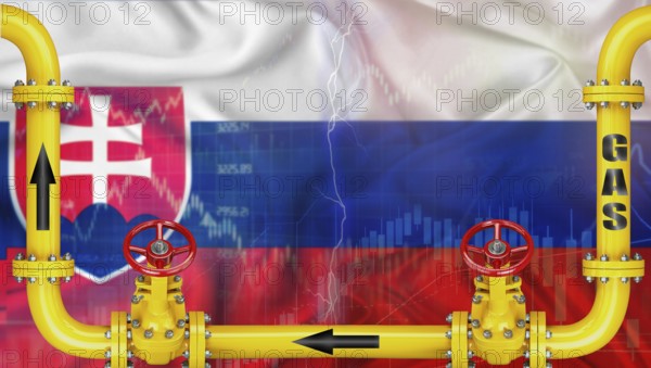 Gas exports from Russia to Slovakia on financial chart background. Russian gas export pipeline to Slovakia