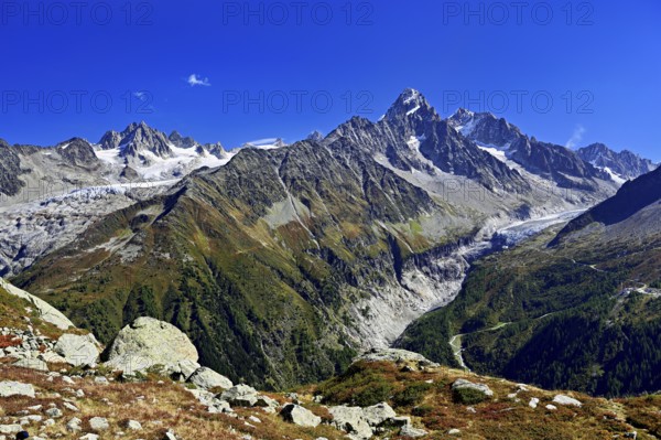 From left front Glacier du Tour back Aiguilles du Tour, right Aiguille du Chardonnet, in front foothills of the Argentière Glacier, Chamonix-Mont-Blanc, Haute-Savoie, France