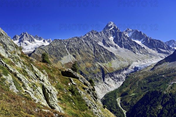 From left front Glacier du Tour back Aiguilles du Tour, right Aiguille du Chardonnet, in front foothills of the Argentière Glacier, Chamonix-Mont-Blanc, Haute-Savoie, France