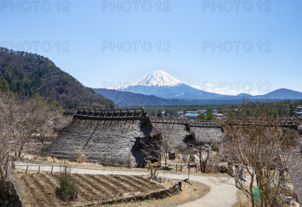 Iyashinosato open-air museum, old Japanese village with traditional houses, at the back volcano Mt. Fuji, Fujikawaguchiko, Saiko, Japón