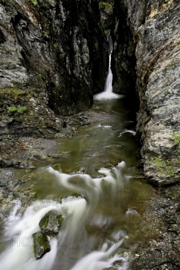 Small waterfall, Diosaz mountain river in the gorge, Gorges de la Diosaz, Les Houches, Chamonix-Mont-Blanc, Haute-Savoie, France