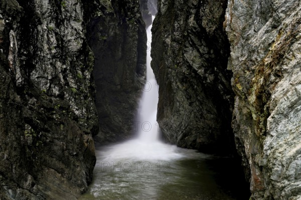 Small waterfall, Diosaz mountain river in the gorge, Gorges de la Diosaz, Les Houches, Chamonix-Mont-Blanc, Haute-Savoie, France