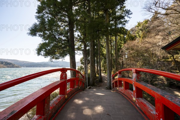 Red bridge trail along Lake Ashi to Hakone Shrine, Hakone, Japan