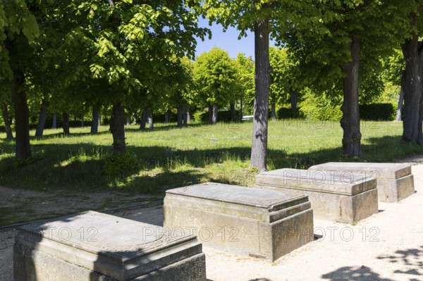 Tombstones on the Gottesacker, the historic cemetery of the Herrnhuter Brüdergemeinde, Herrnhut, Upper Lusatia, Saxony, Germany