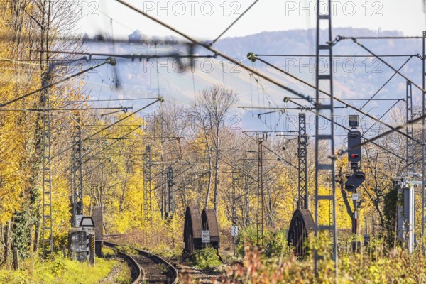 Autumn landscape with Deutsche Bahn infrastructure and arched bridge. Stuttgart, Baden-Württemberg, Germany