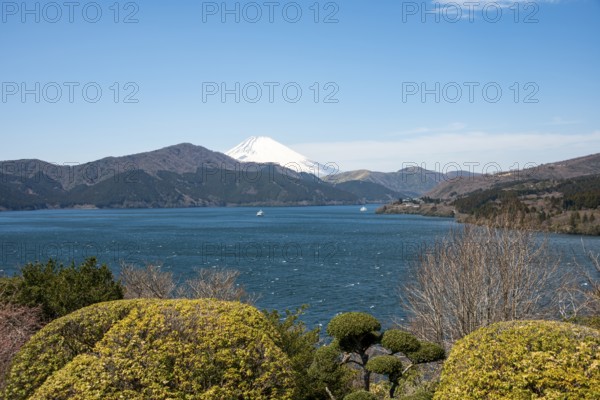View of Lake Ashi with Mount Fuji volcano, Benten-no-hana Tenbodai viewpoint, Hakone Park, Hakone, Japan