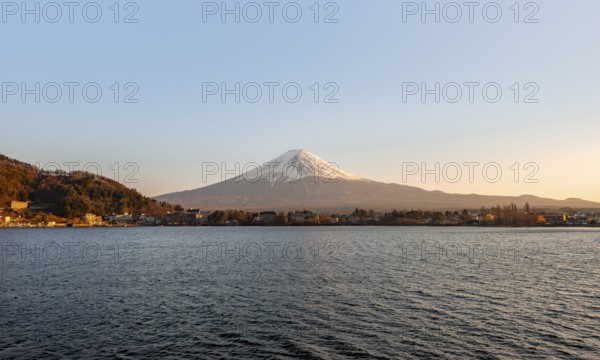 Lake Kawaguchi, view of Mount Fuji volcano at sunset, Yamanashi Prefecture, Japan