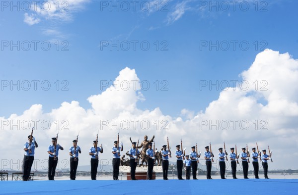 Indian Air Force personnel performs a bayonet drill demonstration on the bank of Brahmaputra river, during rehearsals ahead of the air show organised as part of the 93rd Air Force Day celebrations, on November 5, 2025 in Guwahati, India