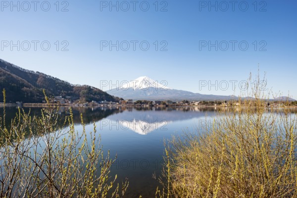 Volcano Mt. Fuji is reflected in Lake Kawaguchi, Yamanashi Prefecture, Japan