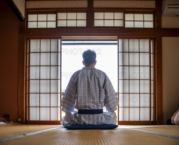 Young man wearing kimono sitting in traditional Japanese living room with tatami mats and shoji sliding doors, from behind, Yamanouchi, Nagano, Japan