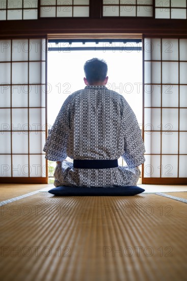 Young man wearing kimono sitting in traditional Japanese living room with tatami mats and shoji sliding doors, from behind, Yamanouchi, Nagano, Japan