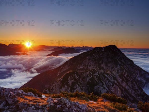 Alpine panorama at sunset, fog in the valley, Hochstaufen, Chiemgau Alps, Upper Bavaria, Bavaria, Germany